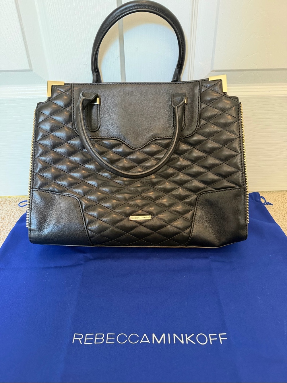 Rebecca Minkoff Black Quilted Leather Satchel with Gold Accents